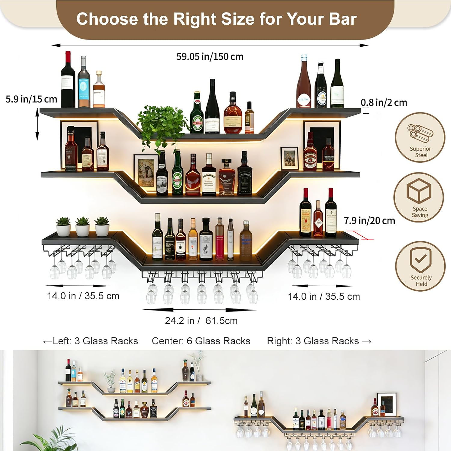 3-Tier LED Wall Mounted Wine Rack