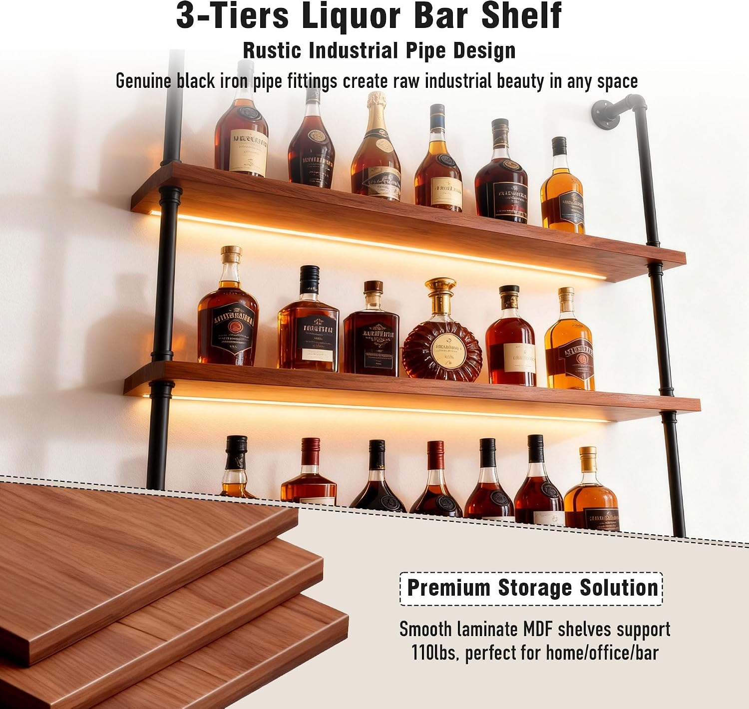 3-Tier LED Wall Mounted Wine Rack