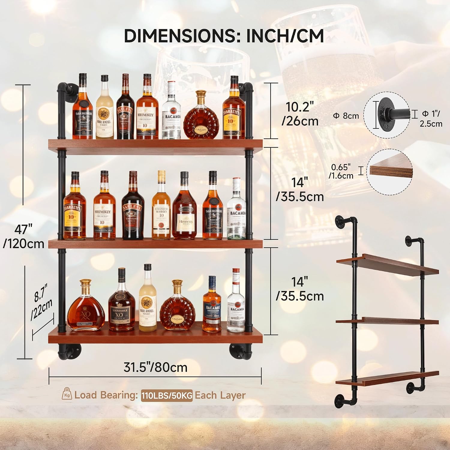 3-Tier LED Wall Mounted Wine Rack