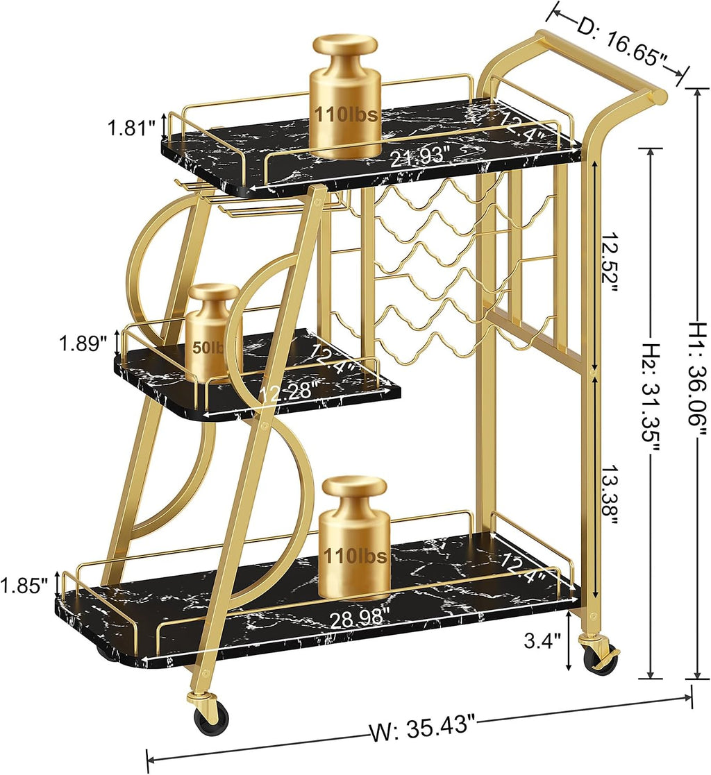 3-Tier Rolling Bar Cart
